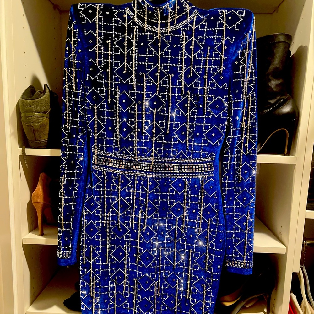 Royal blue /sapphire velvet w rhinestone raindrop detailing cocktail dress